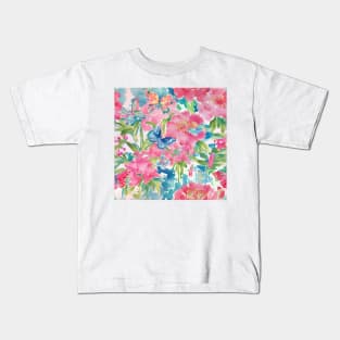 Preppy pink, green and turquoise flowers and butterflies Kids T-Shirt